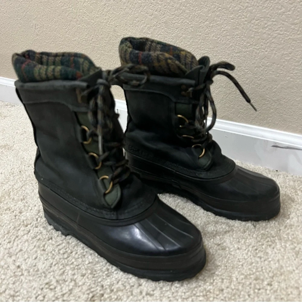 Sorel Women Lace Up Mid Calf Winter Snow Boots Green Plaid Suede Rubber Size 6,